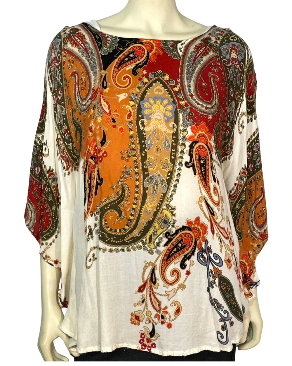 Chico's Sz XS/S Poncho Short Sleeve Boho Paisley Scarf Print Lightweight Rayon